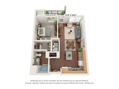 Floor plan for 1 bed, 1 bath, 723 sqft